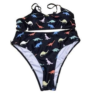 Women's 2pc Bikini Set Colorful Dinosaur Swimsuit size 2XL Whimsical Fun Reptile